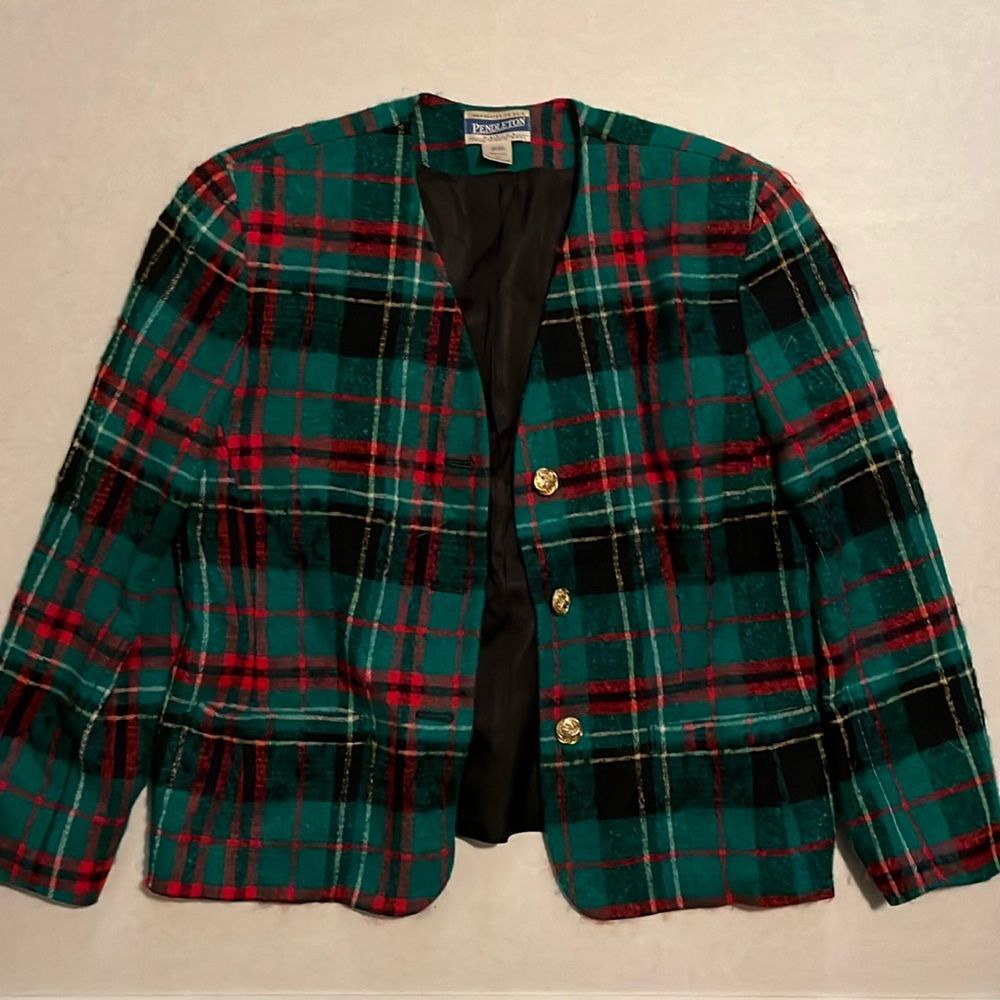 Vtg Pendleton petites wool checkered blazer made in USA Size 14